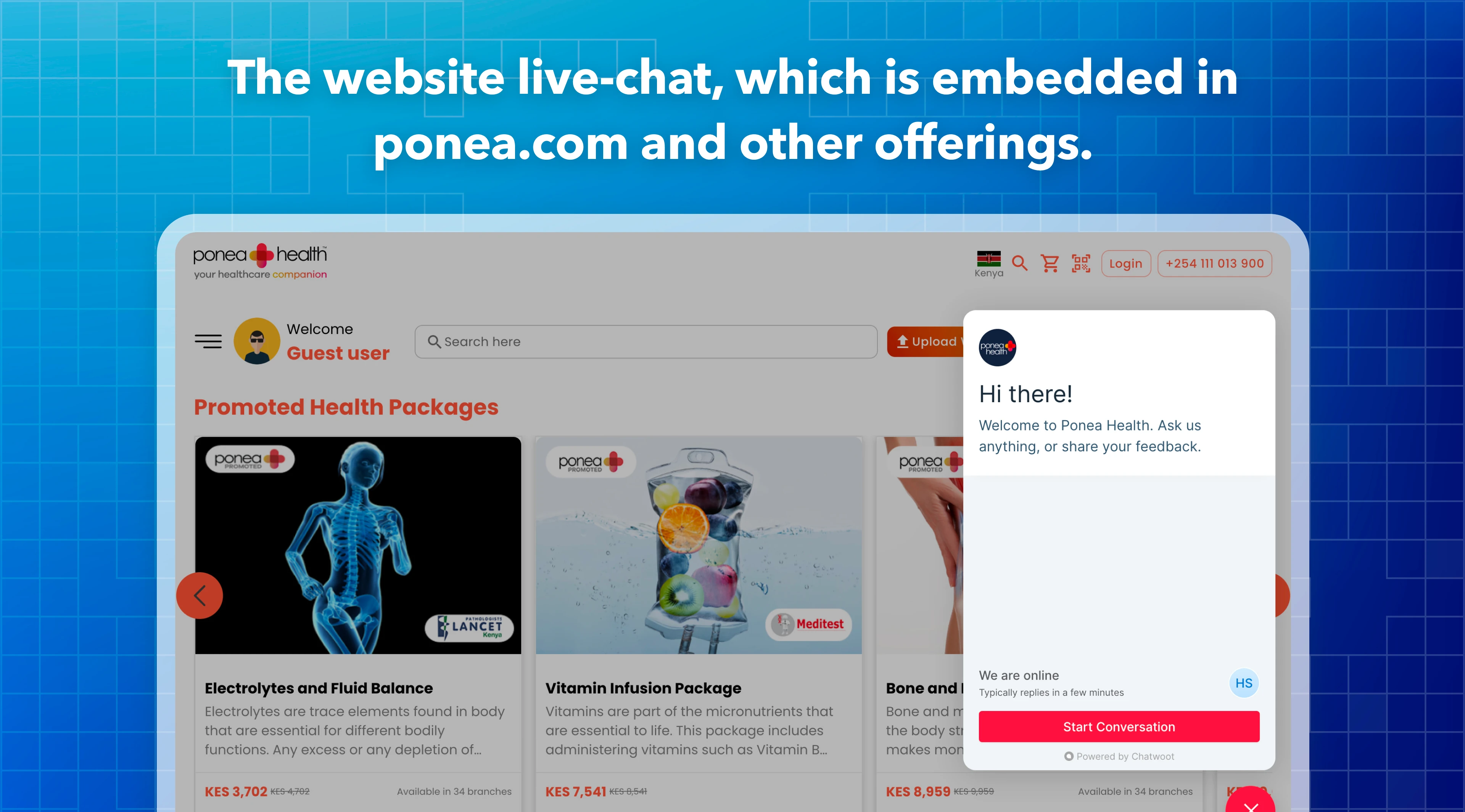 Widget de chat ao vivo do Chatwoot no site da Ponea Health